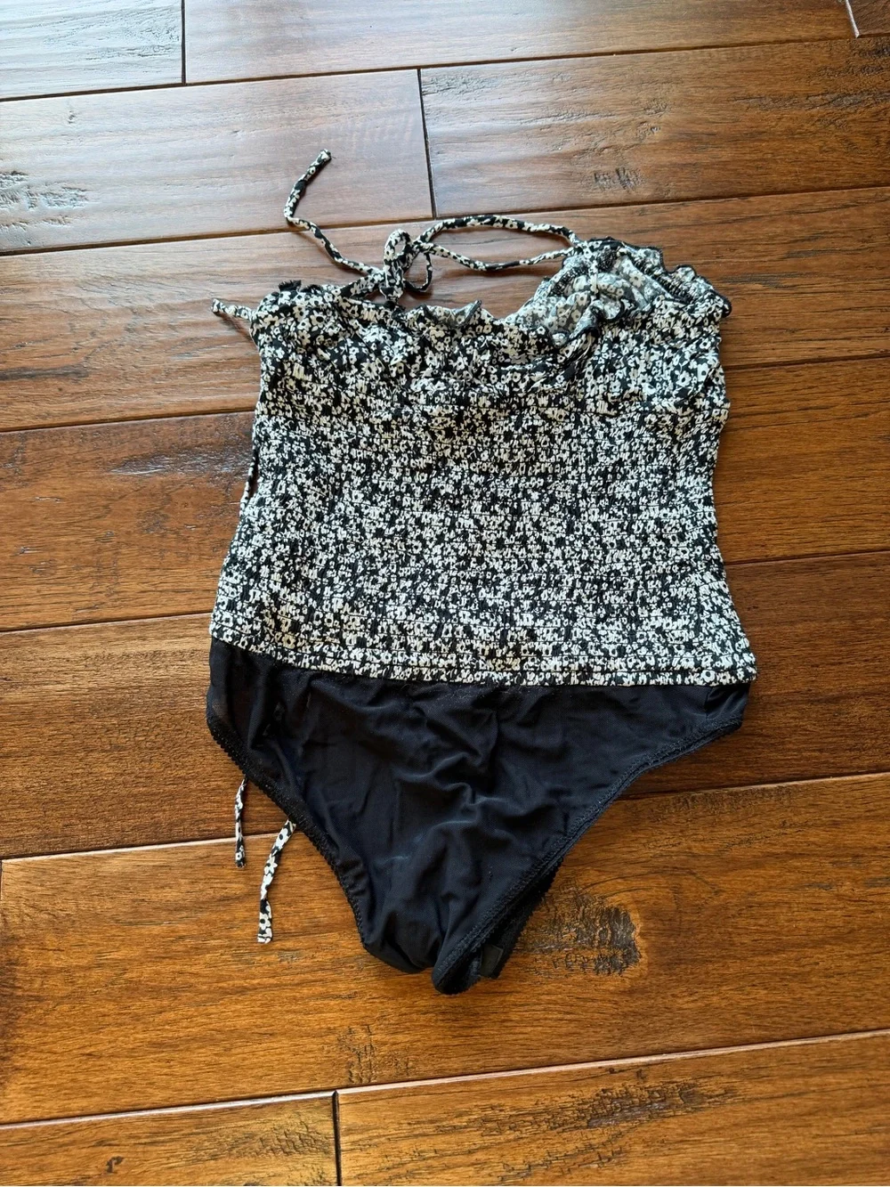 Free People Black and White Floral Smocked Bodysuit XS